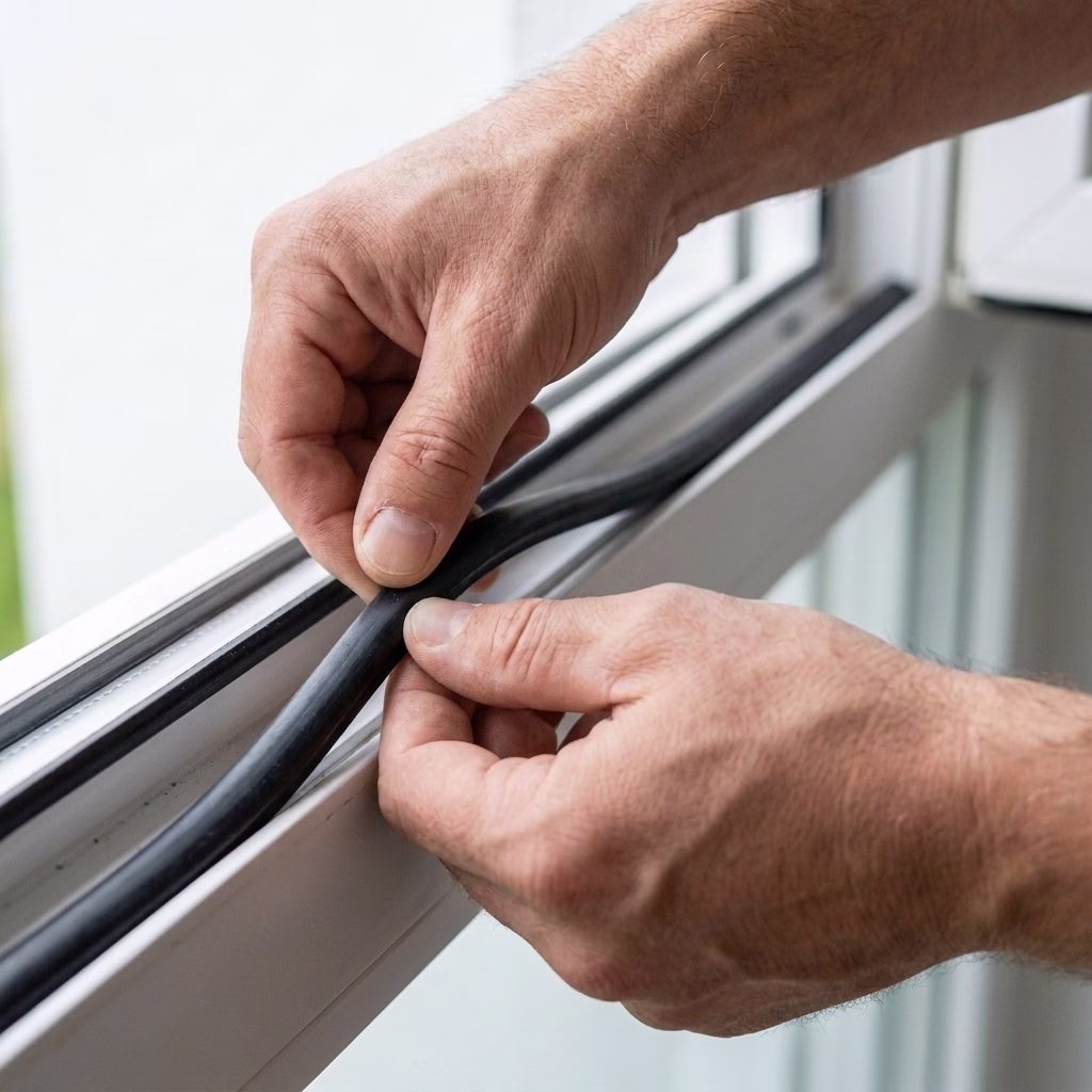 Eine schwarze Gummidichtung wird am Fensterrahmen erneuert.