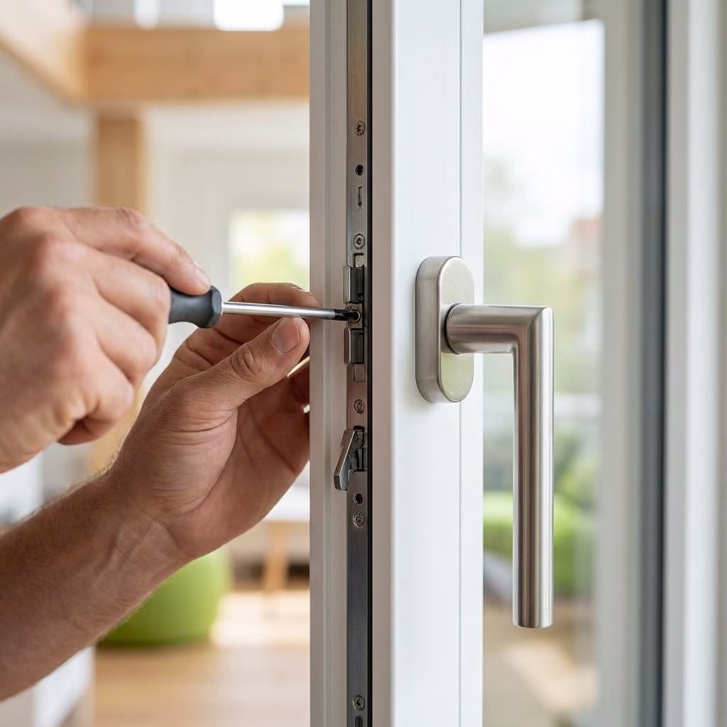 Ein Fensterbeschlag wird mit einem Schraubendreher eingestellt.