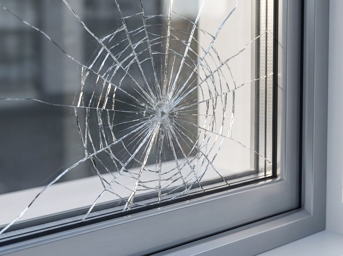 Fensterscheibe mit deutlich sichtbarem Glasbruch.