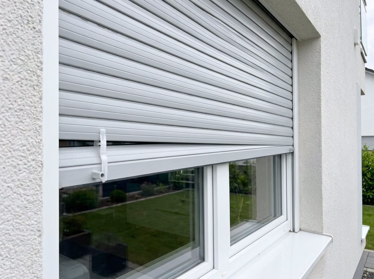 Beschädigter Rollladen vor einem Fenster.