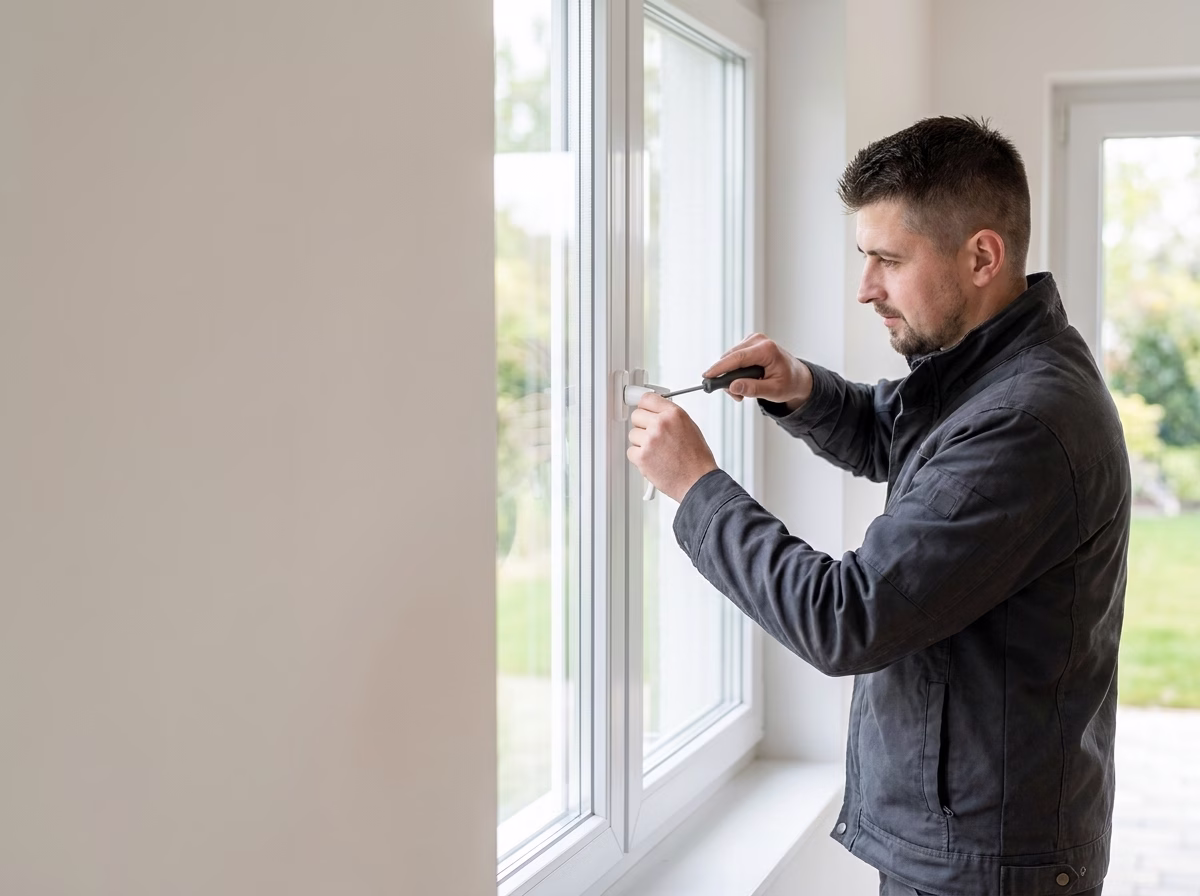 Sergej Mai repariert den Beschlag eines Fensters.