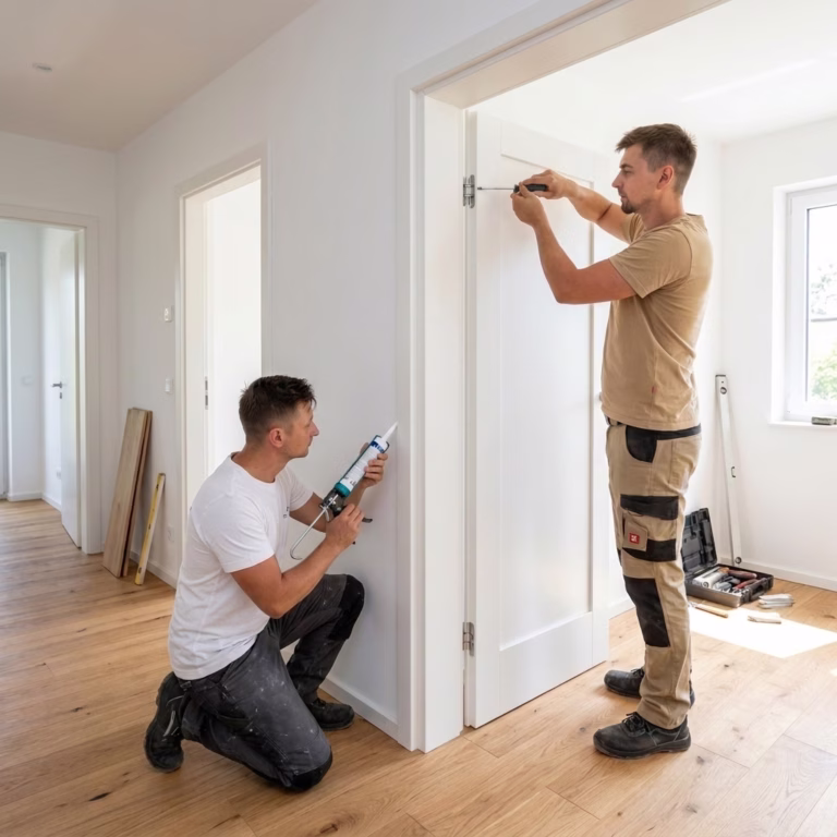Home 5 Feinarbeit an einer Türzarge beim Einbau