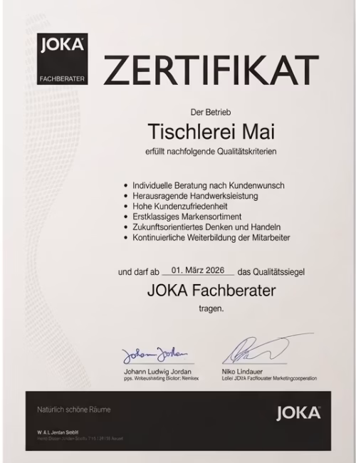 Das offizielle JOKA Fachberater Zertifikat der Tischlerei Mai aus Herford für herausragende Handwerksleistung und Beratung.