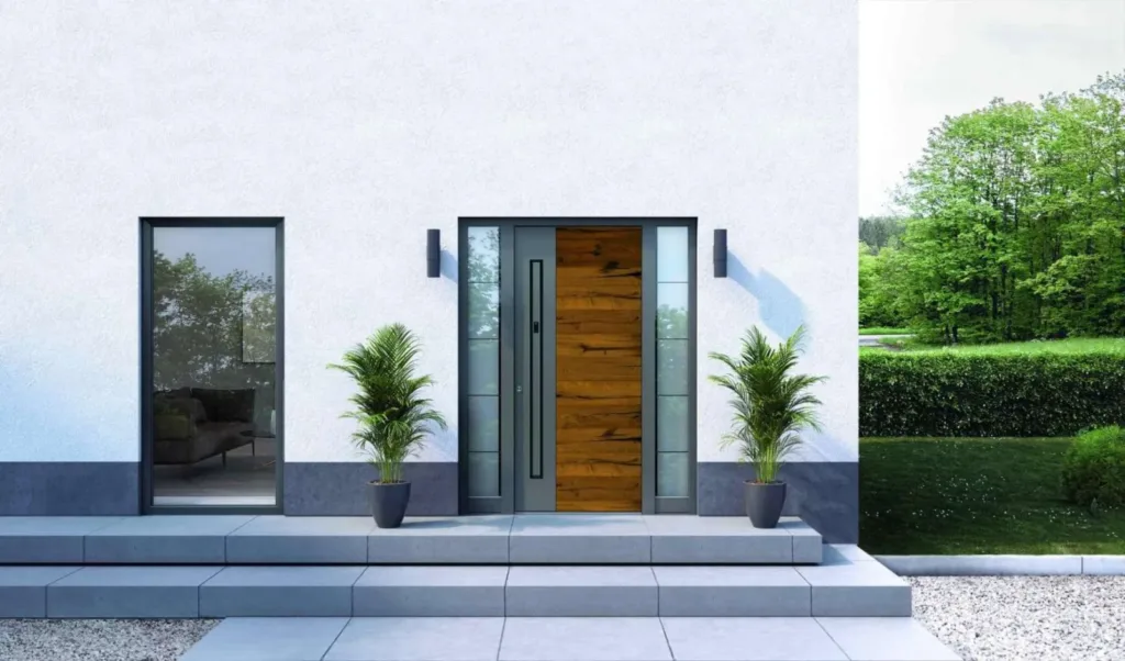 Aluminium-Haustür: Vorteile, Grenzen und Materialvergleich 1 INOTHERM Aluminium-Haustür mit warmer Holzoptik, dunklem Griff und verglasten Seitenteilen