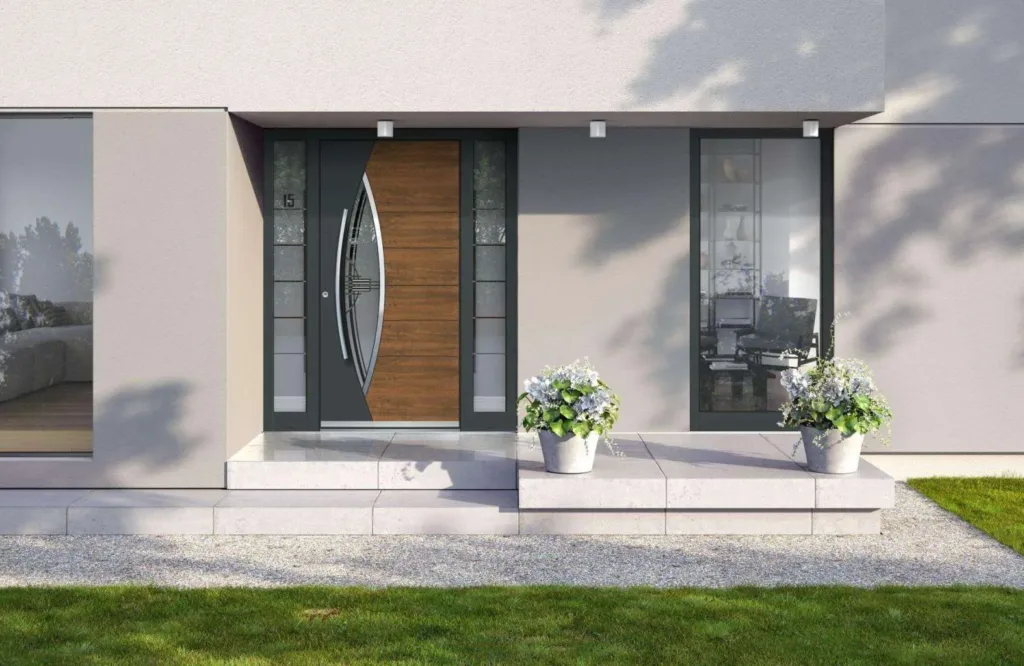Haustür mit RC2 oder RC3: So wählen Sie passenden Einbruchschutz 4 INOTHERM Haustür mit geschwungenem Glasausschnitt, gebogenem Griff und warmer Holzoptik