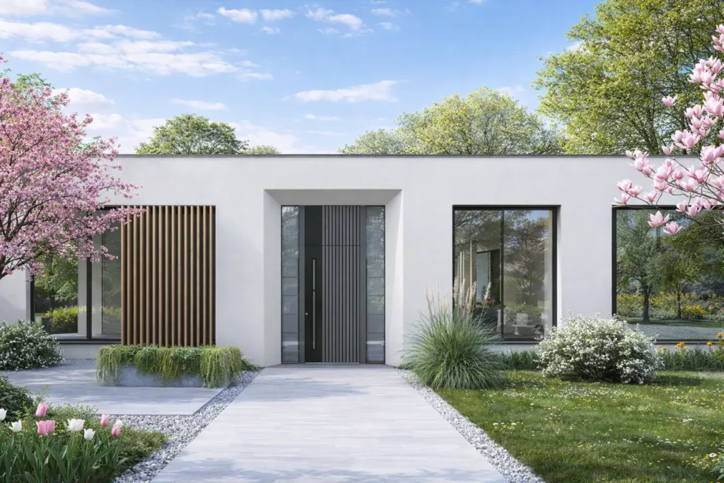 Aluminium-Haustür: Vorteile, Grenzen und Materialvergleich 4 Hohe anthrazitfarbene INOTHERM Aluminium-Haustür mit vertikaler Gestaltung und Glas-Seitenteilen