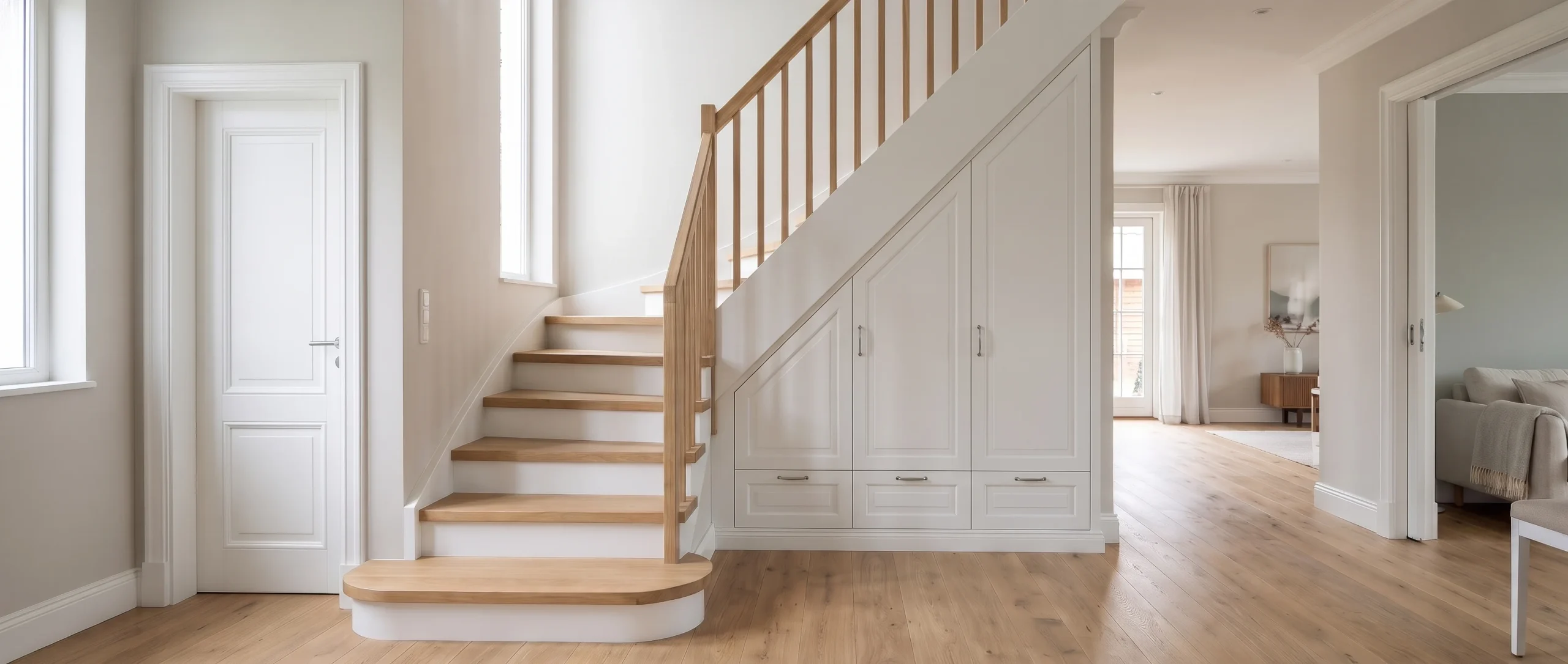 Home 1 Heller Wohnflur mit Holztreppe, weißem Landhausschrank und passender Innentür